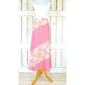 70s vintage pink striped floral cotton maxi boho skirt